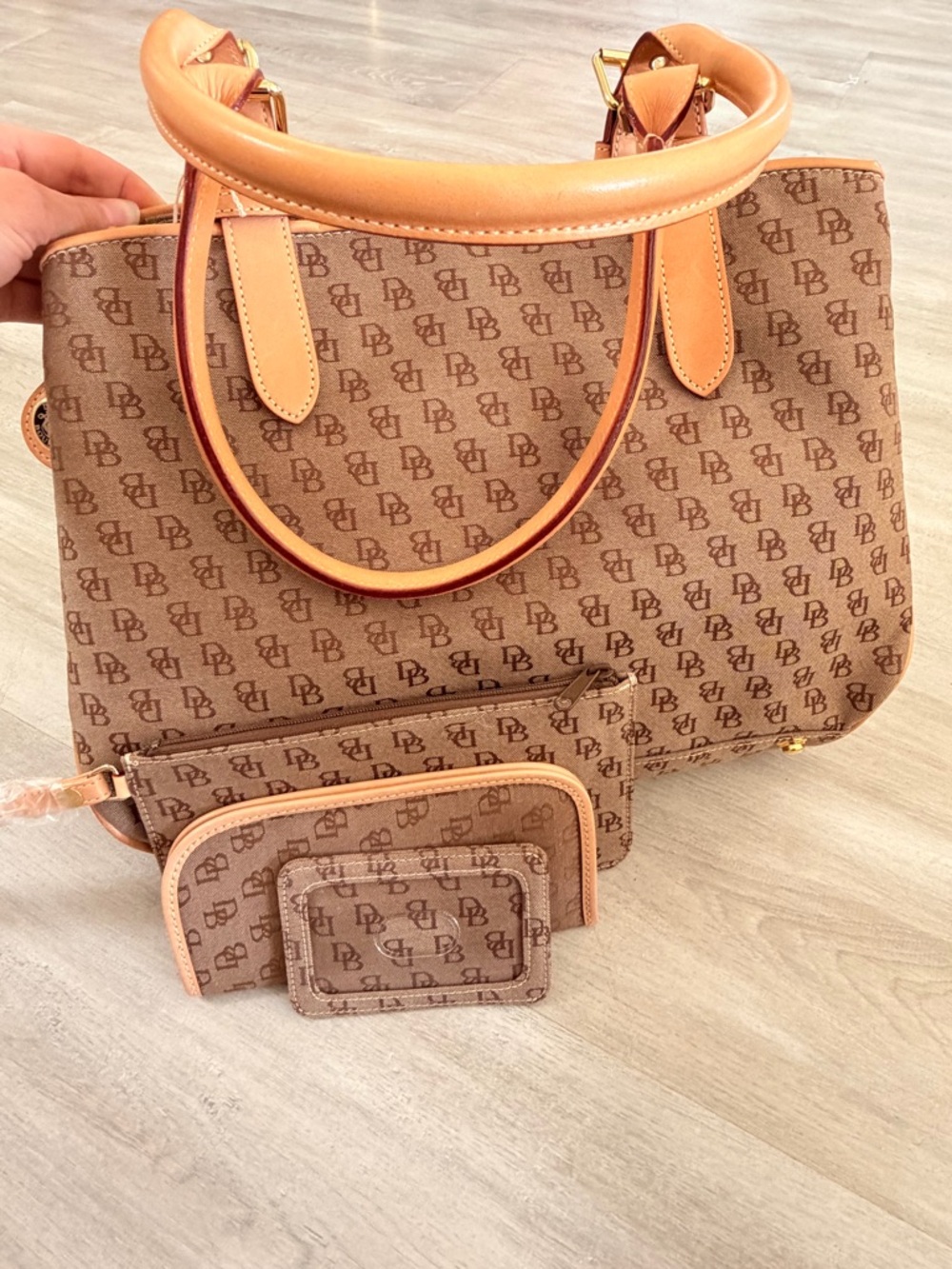 Dooney & Bourke Brown Signature Tote with Tan Trim and Matching Pouches